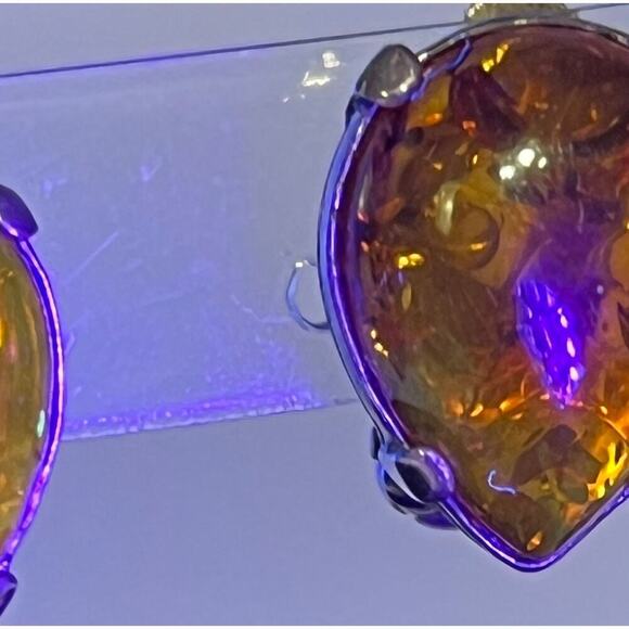 Sterling Silver 925 Prong Teardrop Shape Glowing Amber Stud Clip On Earrings - Picture 11 of 13